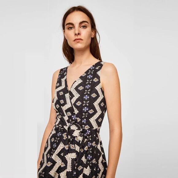 Mango Multicolor Black Aztec Print Sleeveless V-neck Fit & Flare Wrap Dress Sz 6 - Picture 3 of 7